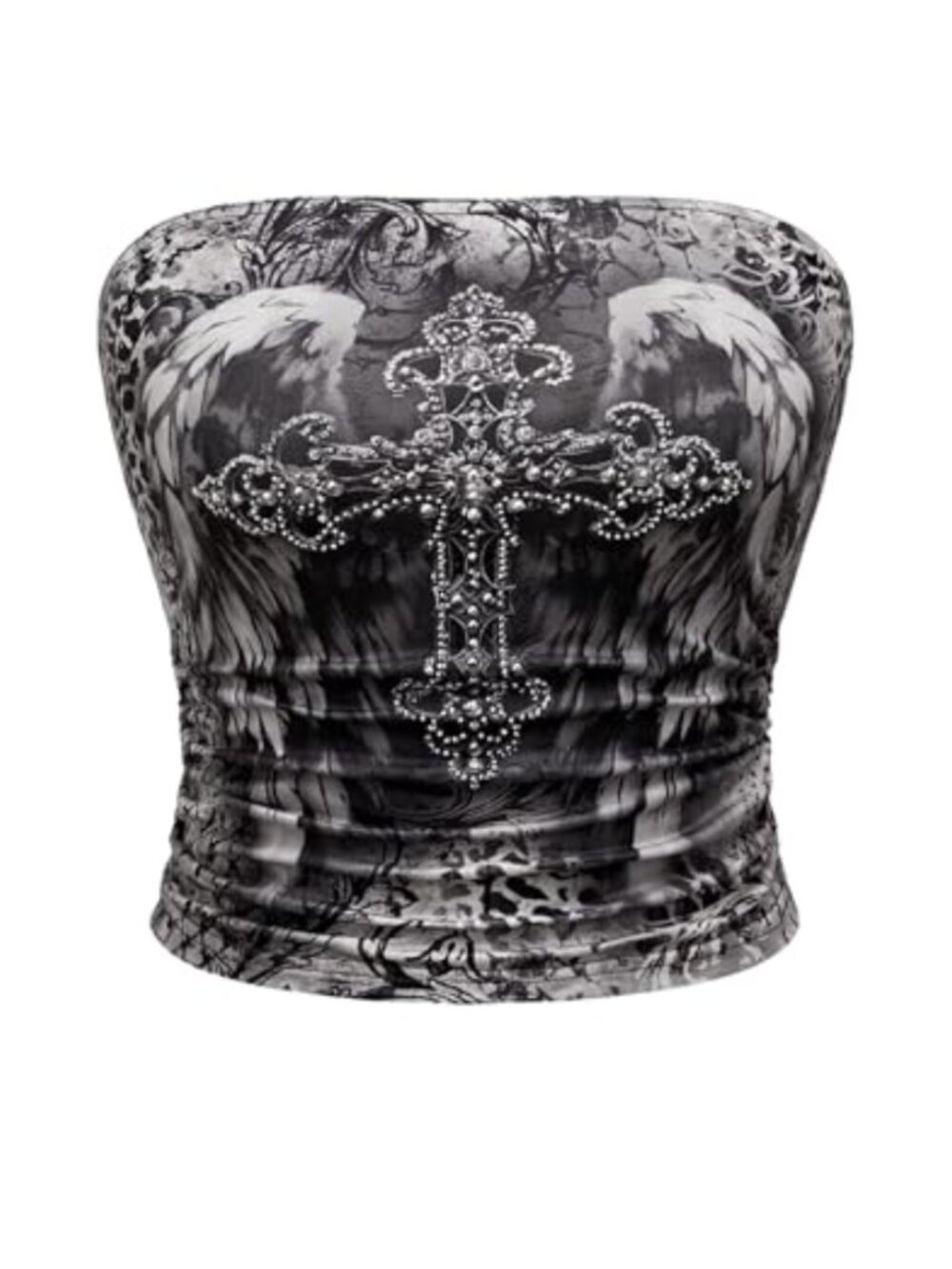 Strapless Rhinestone Cross Print Goth Y2k Ruched Crop Tube Top